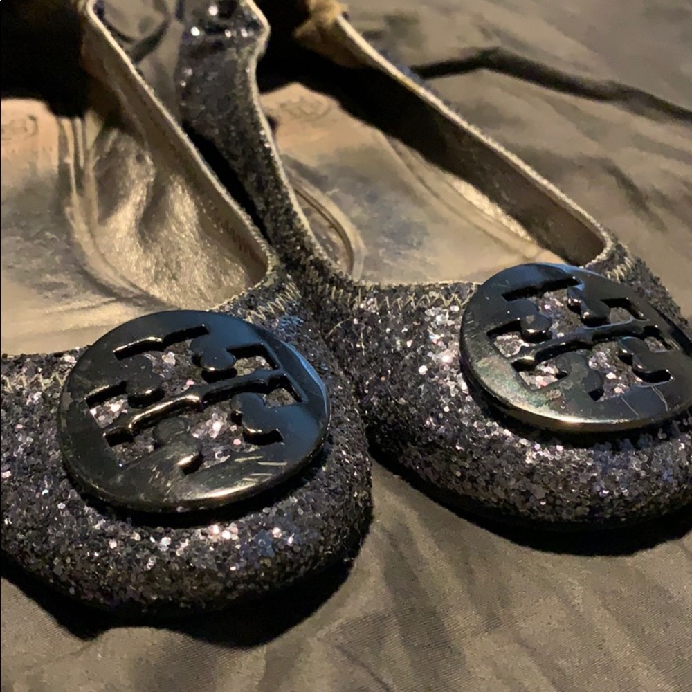 Tory Burch Silver Glitter Reva Flats 7.5